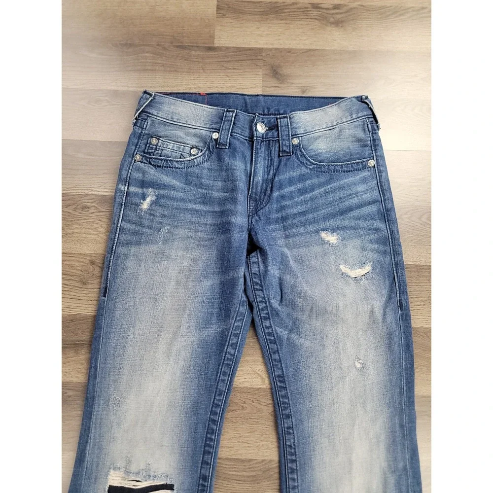 True Religion Straight Jeans Size 31x31 Blue Dark Wash Distressed Stretch Cotton